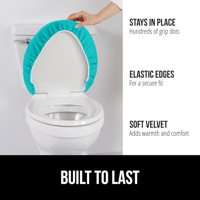 GORILLA GRIP Thick Memory Foam Bathroom Toilet Lid Seat Cover, Soft Velvet Topside, Machine Wash, Plush Cushioned Covers Fits Most Size Lids, Decorative Bath Room Accessories, 19.5x18.5, Turquoise