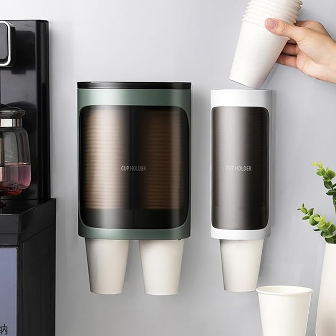 2 Pcs Cup Dispenser Wall Mounted, Bathroom Cup Dispenser Holder for 3oz-9.5oz Disposable Paper and Plastic Cups, Water Cooler Cup Dispenser with Adhesive Plate (Large Green)