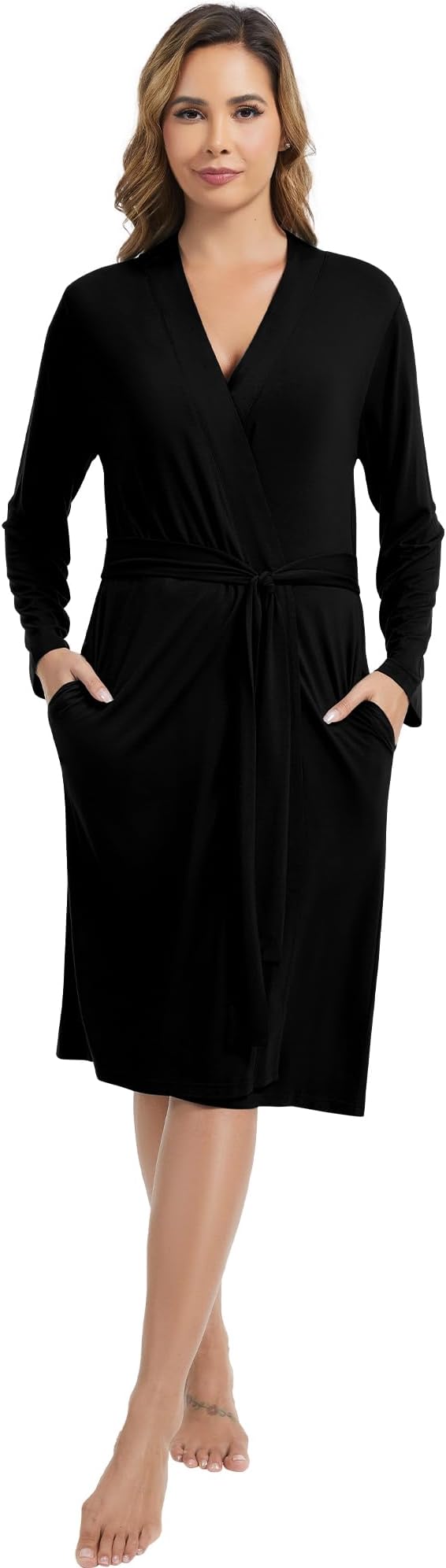 WiWi Women's Robe Long Sleeve Bathrobe with Pockets Soft Kimono Spa Lightweight Robes Bamboo Viscose Loungewear S-XXL