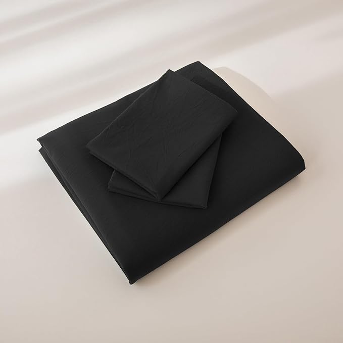 JIYUAN 100% Washed Cotton Duvet Cover Set 3 Pieces Super Queen, 1 Duvet Cover 90x98 Inches(Comforter Not Included) and 2 Pillowcases,Linen Feel Bedding Set Comfy and Breathable,Black