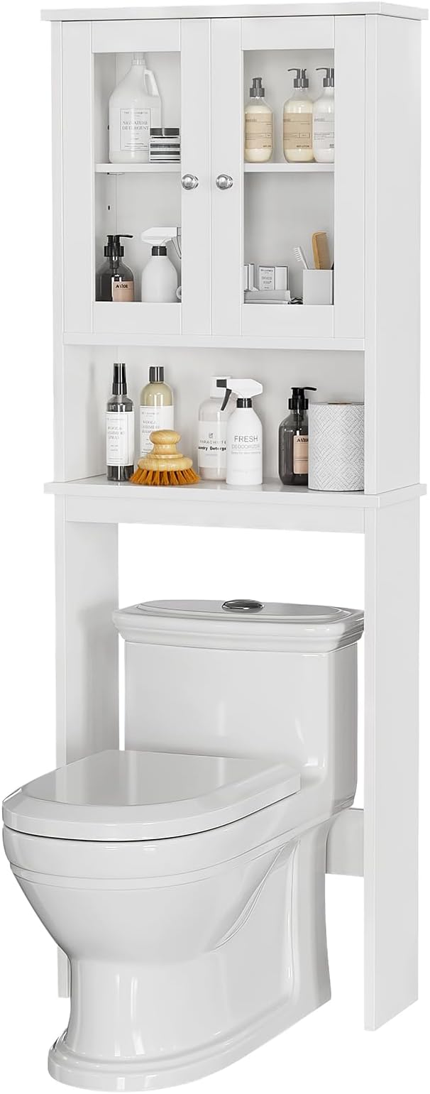 Meilocar Over The Toilet Storage Cabinet for Bathroom, Storage Organizer Over Toilet, Space Saver with Tempered Glass Doors, White