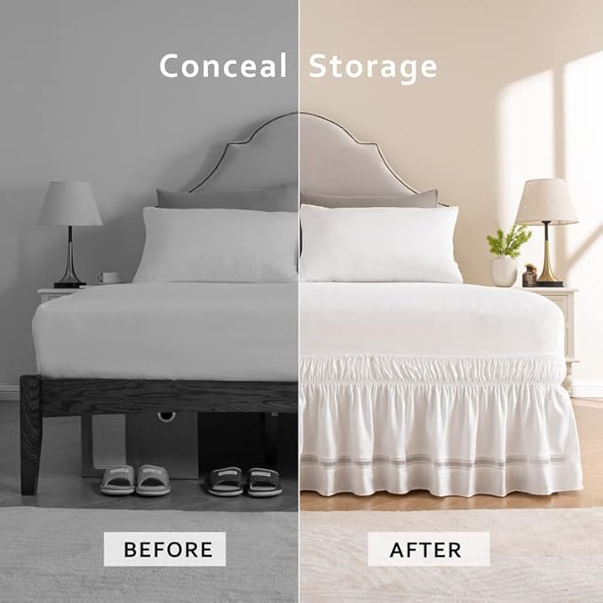 MIYE Wrap Around Ruffled Lace Bed Skirt, Elastic Dust Ruffle with Adjustable Belts, Easy to Put On, Bed Frame Cover, Machine Washable (Ruffled Lace/White, King/Queen-22 Drop)