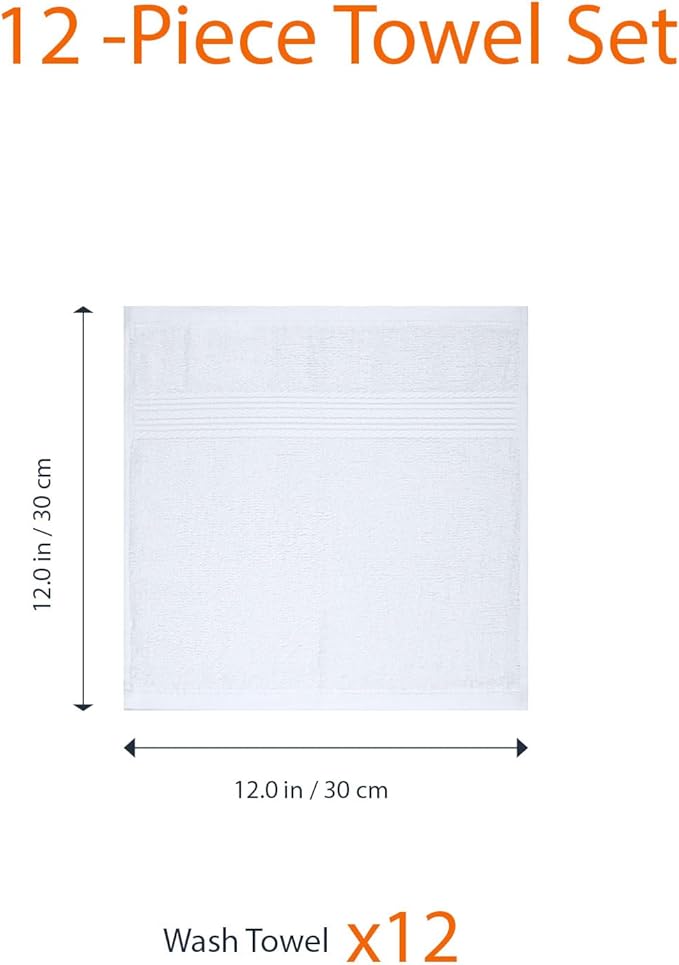 Amazon Basics Cotton Washcloths for Bathroom, Soft and Highly Absorbent, 12 in x 12 in, White, 12-Pack