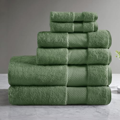 Madison Park Turkish Bath Towels 6pc, 2 Hand Towel for Bathroom, 2 Wash Towel, 2 Turkish Bath Towel Set, Luxury, 100% Cotton, Highly Absorbent & Quick Dry, Green