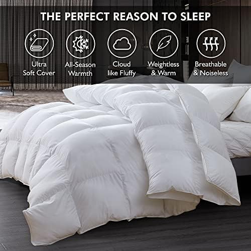 Luxurious Queen Size Goose Down Fiber Waterfowl Feather Fiber Comforter Duvet, 100% Egyptian Cotton Cover, 48 oz. Fill Weight, Baffle Box Design, White Solid