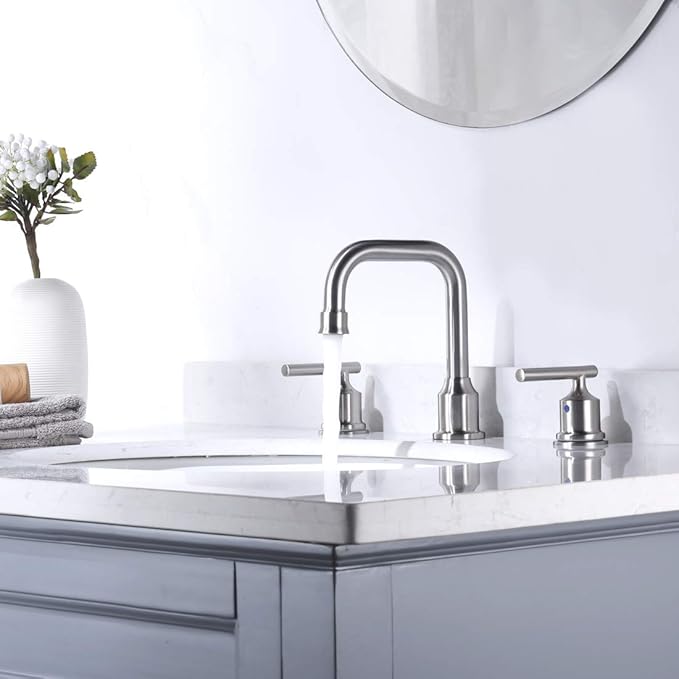 WOWOW 2 Handles 8 inch Widespread High Arc Bathroom Faucet Brushed Nickel Lavatory Faucet 3 Hole 360°Swivel Spout Modern Sink Basin Faucets