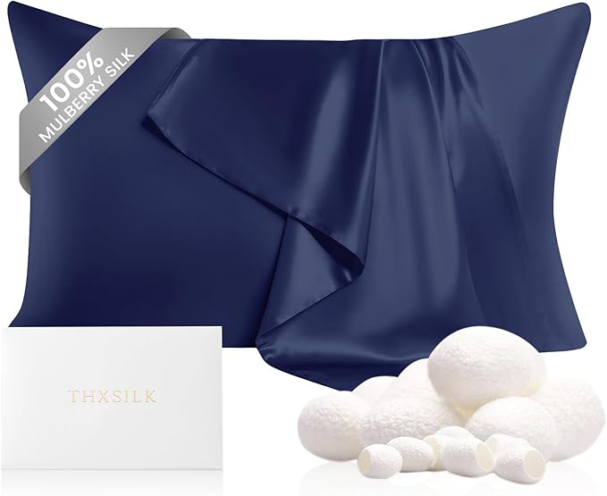 THXSILK Mulberry Silk Pillow Case with Zipper, 100% Mulberry Silk Pillowcase for Hair and Skin, 22 Momme Hypoallergenic Pillow Cover with Hidden Zipper, 1pc(Navy Blue, Standard 20"x26")