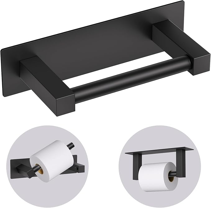 Black Self Adhesive Toilet Paper Holder, Stainless Steel Bathroom Toilet Paper Holder Stick On Wall Mount, Commercial Toilet Paper Dispenser Peel and Stick Toilet Paper Holder Adhesive