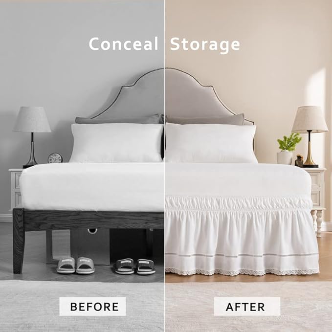 MIYE Wrap Around Ruffled Lace Bed Skirt, Elastic Dust Ruffle with Adjustable Belts, Easy to Put On, Bed Frame Cover, Machine Washable (Floral Lace/White, King/Queen-18 Drop)