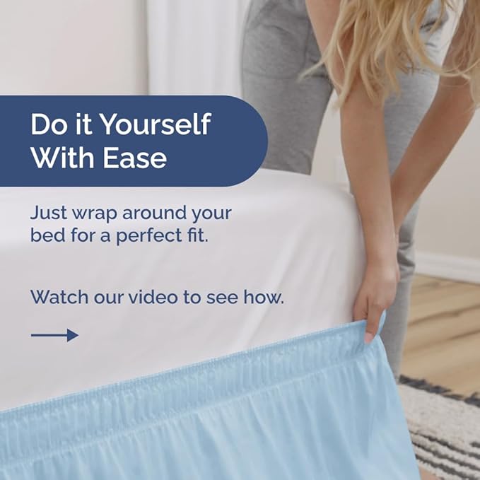 Wrap Around Dust Ruffle Bed Skirt - Light Blue - for Queen Size Beds with 18 Inch Drop - Elastic Strap - Adjustable Pleated Bedskirt with Brushed Fabric and Wrinkle Free - For Women, Men, Kids & Teens