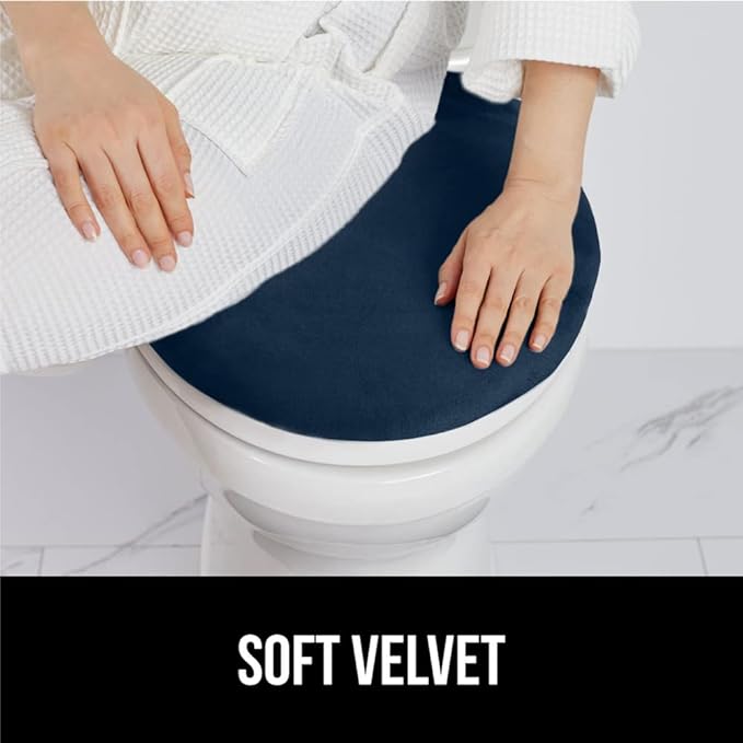 GORILLA GRIP Thick Memory Foam Bathroom Toilet Lid Seat Cover, Soft Velvet Topside, Machine Wash, Plush Cushioned Covers Fits Most Size Lids, Decorative Bath Room Accessories, 19.5x18.5, Navy Blue