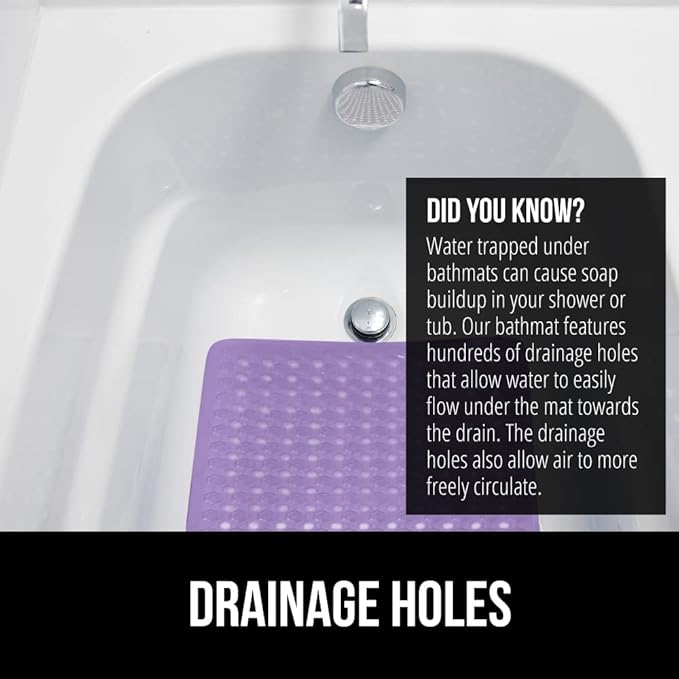 GORILLA GRIP Patented Bath Tub Shower Mat, Machine Washable Bathtub Floor Liner Mats, Suction Cups and Drain Holes to Keep Tubs Clean, Soft on Feet, Bathroom Essentials, 35x16 Inch, Purple Opaque