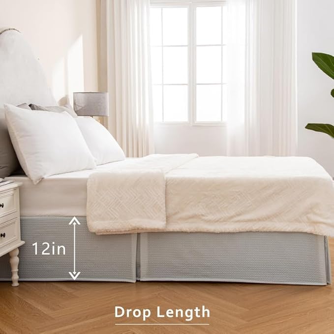MIYE Pleated Waffle Weave Bed Skirt, Tailored Dust Ruffle 12 Inch Drop Easy Fit, Machine Washable (Light Grey, King - 12" Drop)