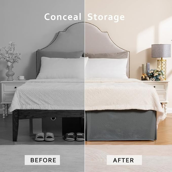 MIYE Pleated Waffle Weave Bed Skirt, Tailored Dust Ruffle 22 Inch Drop Easy Fit, Machine Washable (Dark Grey, Twin - 22" Drop)