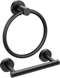 FORIOUS Matte Black Toilet Paper Holder Wall Mount, SUS304 Stainless Steel Double Post Pivoting Tissue Roll Holder and Hand Towel Ring Set for Bathroom, RV, Bathroom Hardware Accessories Set