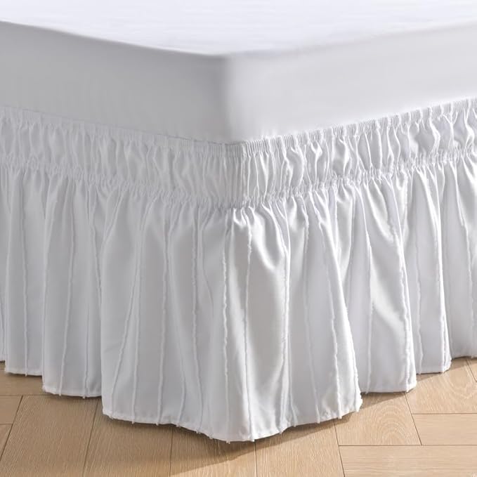 MIYE Striped Tufted Bed Skirt - Wrap Around Dust Ruffle with Elastic Belts - 18 Inch Drop Easy to Put On - Bedskirt Machine Washable ＆ Wrinkle Resistant(Striped/White, King/Queen-18 Drop)