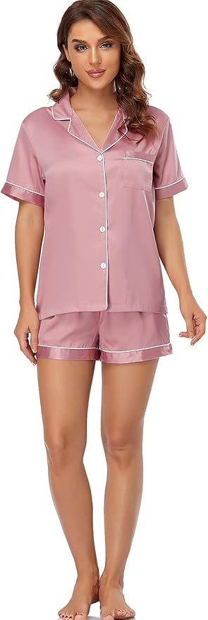 Women's Satin Pajama Set 2-Piece Sleepwear Loungewear Button Down Short Sleeve Silky PJ Set