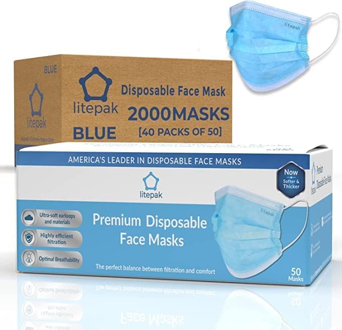 Litepak 2000pcs Disposable Face Masks Black 3-Ply Adult Mask Nose Wire Protection - Breathable Protective Face Covering