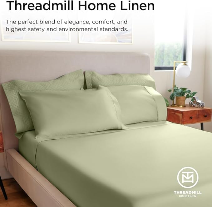 Threadmill Luxury 800 Thread Count King 100% Cotton Sheets - Sage Green Sateen Weave Bed-Sheets, Better Than Egyptian Cotton, 4 Pc Solid Soft Bed Set, Fits 16" Deep Pocket