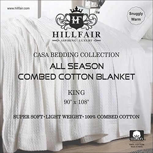 HILLFAIR 100% Combed Cotton Blanket– King Bed Blanket– Soft Cozy Warm Multipurpose Throws for Luxury Home Decor– 90 x 108 inch King Size Cotton Blankets for Beds- Bed Blankets for All Season- Blue