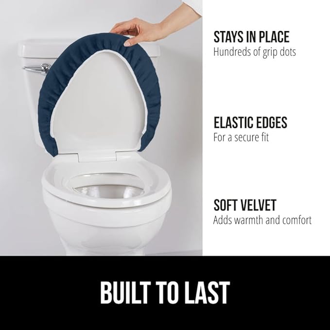 GORILLA GRIP Thick Memory Foam Bathroom Toilet Lid Seat Cover, Soft Velvet Topside, Machine Wash, Plush Cushioned Covers Fits Most Size Lids, Decorative Bath Room Accessories, 19.5x18.5, Navy Blue