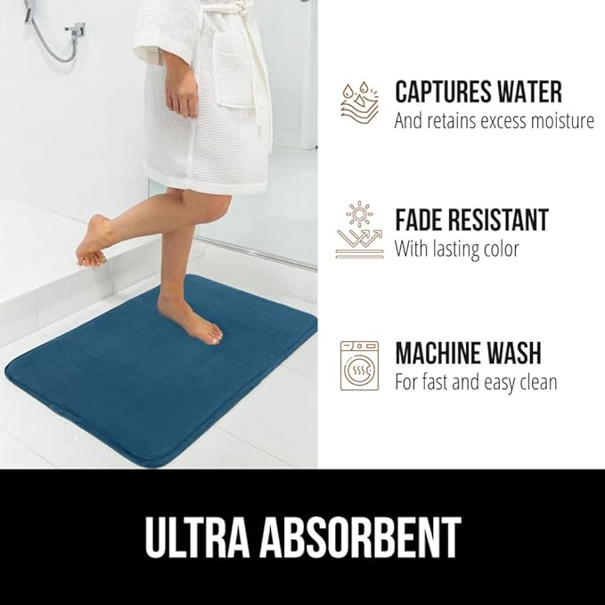 GORILLA GRIP Memory Foam Bath Mat, Soft Absorbent Velvet Bathroom Mats, Durable Dots on Underside, Machine Washable Bathmat, Carpet Rug Room Decor for Shower Tub Floor RV, 42x24 Rugs, Blue