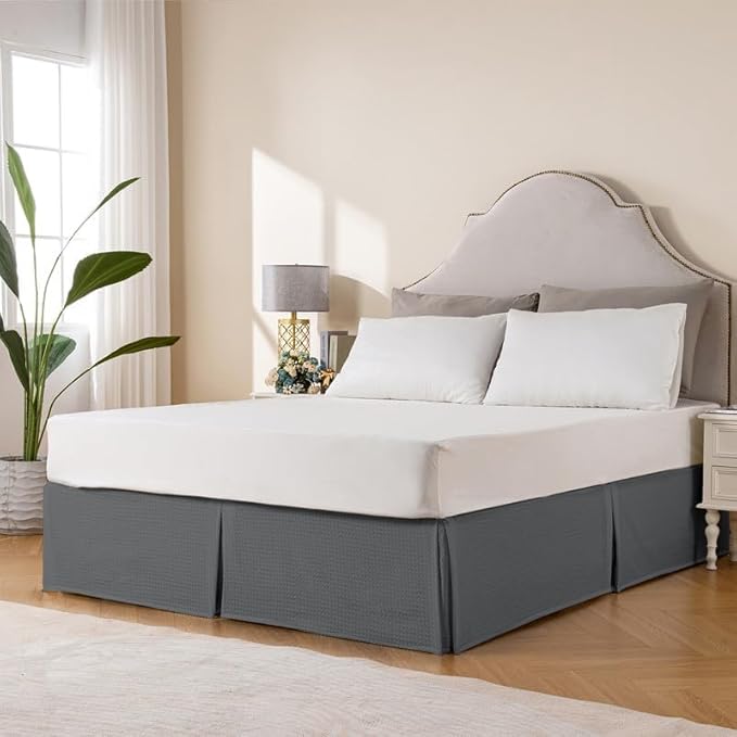 MIYE Pleated Waffle Weave Bed Skirt, Tailored Dust Ruffle 12 Inch Drop Easy Fit, Machine Washable (Dark Grey,Cal King - 12" Drop)