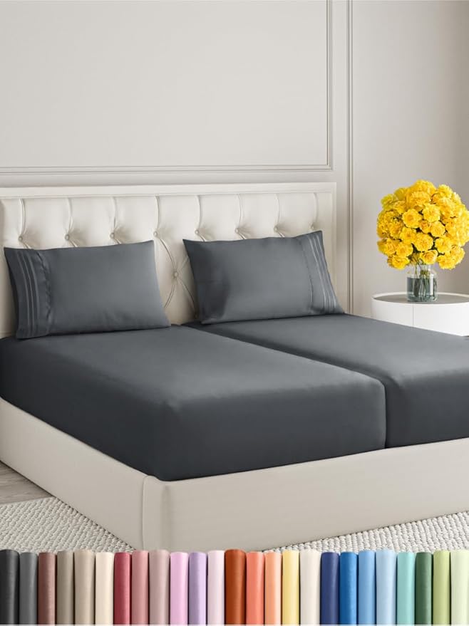 Split King Size 5 Piece Sheet Set - Extra Soft, Breathable And Cooling Sheets - Hotel Luxury Bed Sheets for Women & Men - Deep Pockets, Easy-Fit & Wrinkle-Free Sheets - Slate Blue Oeko-Tex Bed Sheets