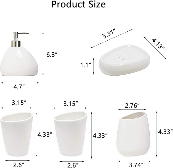 White Ceramic Bathroom Accessory Set, Bathroom Vanity Countertop Set, Bathroom Soap Dispenser and Toothbrush Holder Set Complete, 2 Tumbler Cup, Soap Dish, 5 Pieces