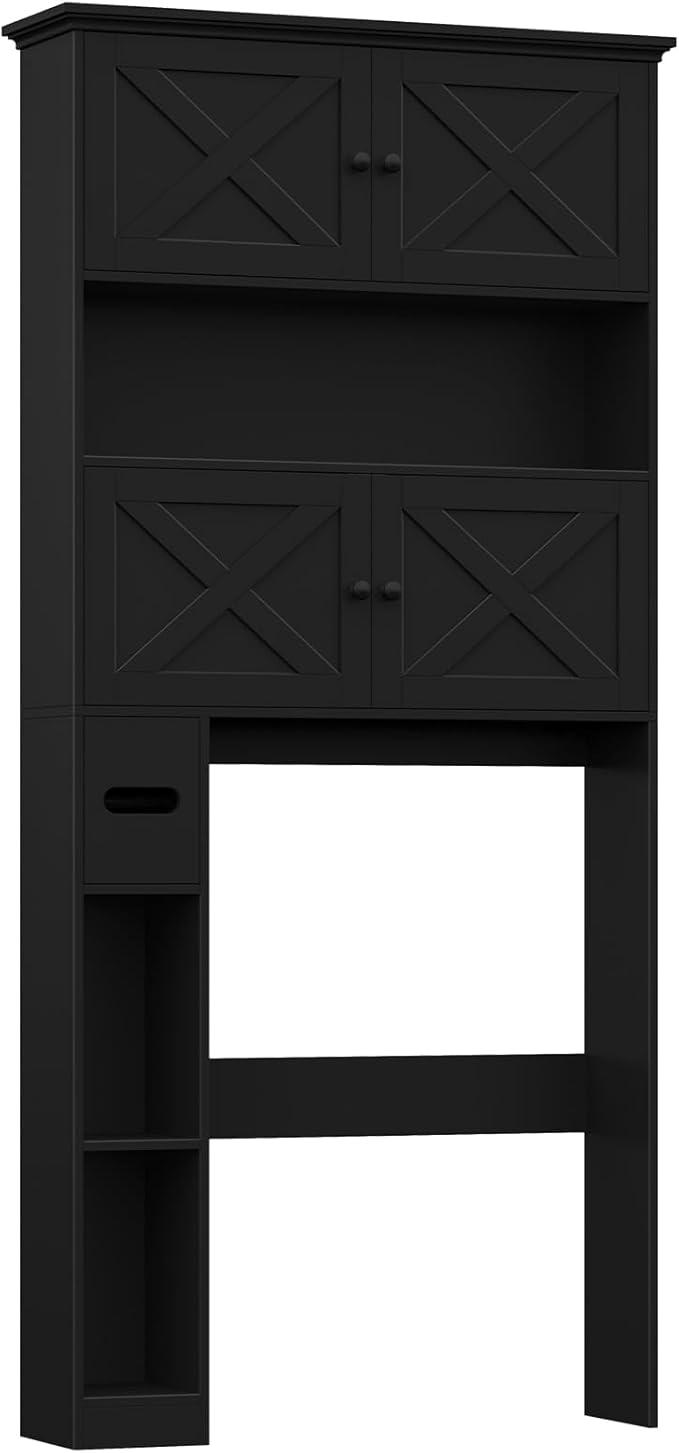 Over The Toilet Storage Cabinet, Farmhouse Storage Cabinet Over Toilet with 4 Barn Doors & Toilet Paper Holder Stand, Black Toilet Shelf Home Space Saver for Restroom, Bathroom, Laundry