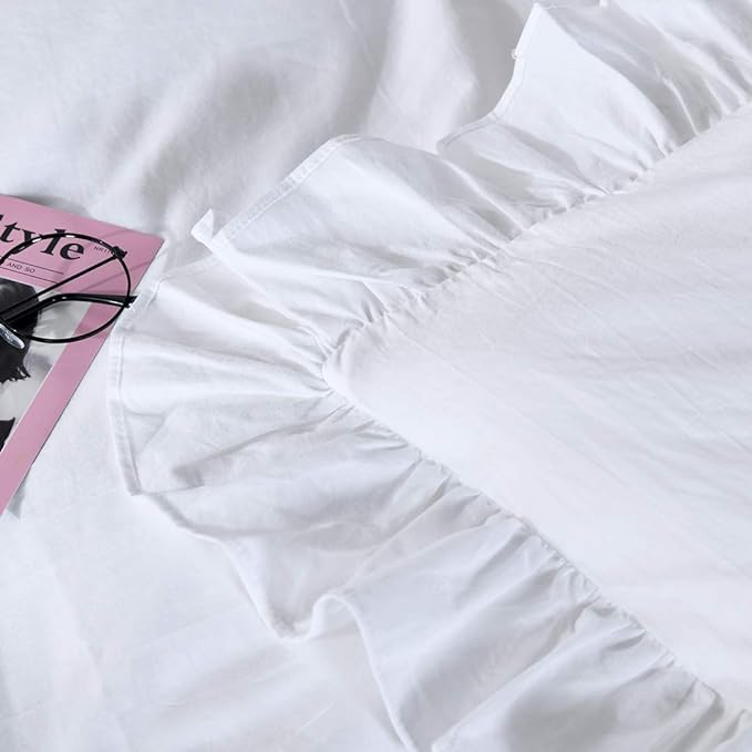 QSH White Shabby Ruffle Duvet Cover Full Size,Washed Cotton Farmhouse Boho Chic Aesthetic Cute Bedding Comforter Quilt Cover 3 Pieces Ultra Soft and Breathable Zipper Closure & Corner Ties