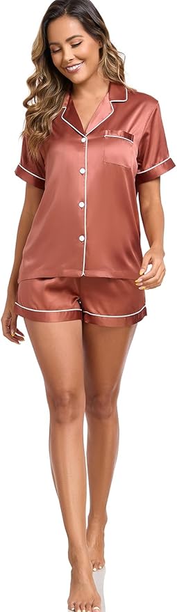 Women's Satin Pajama Set 2-Piece Sleepwear Loungewear Button Down Short Sleeve Silky PJ Set
