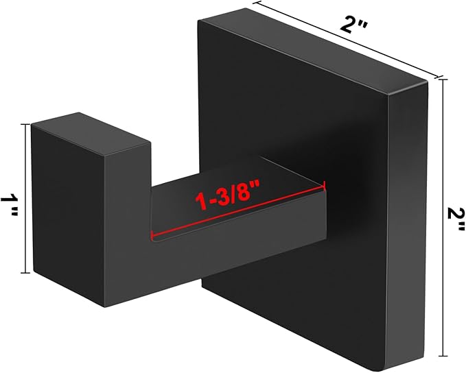IBosins 2-Pack Towel Hooks Hand Towel Holder for Bathroom Wall Livingroom Bedroom Kitchen Closet Heavy Duty Stainless Steel Hook Hanger for Robe, Bath Towel, Coat (Square Matte Black)