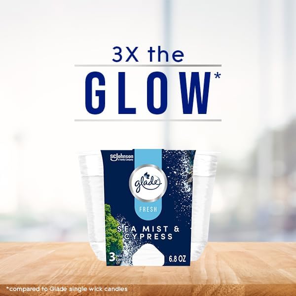 Glade 3-Wick Scented Candle Jar, Sea Mist & Cypress, Air Freshener Infused with Essential Oils, 6.8 Oz, 3 Count