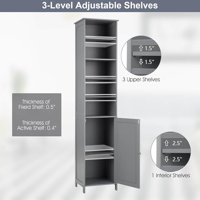 WATERJOY 72'' Tall Slim Bathroom Storage Cabinet with 3 Shelves & Door for Bathroom, Living Room
