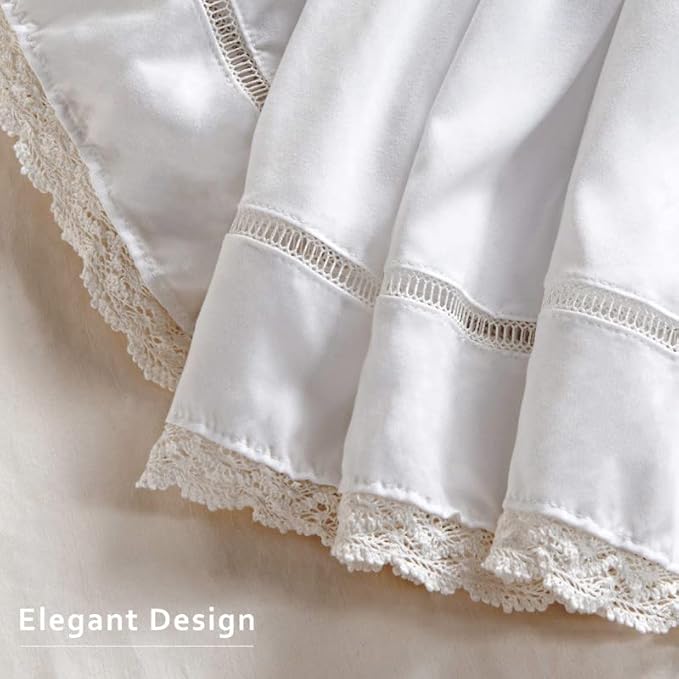 MIYE Wrap Around Ruffled Lace Bed Skirt, Elastic Dust Ruffle with Adjustable Belts, Easy to Put On, Bed Frame Cover, Machine Washable (Floral Lace/White, Full/Twin-18 Drop)