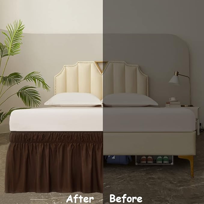 MEILA Wrap Around Bed Skirt Three Fabric Sides Elastic Dust Ruffled 24 Inch Tailored Drop,Easy to Install Fade Resistant-Brown, Queen/King