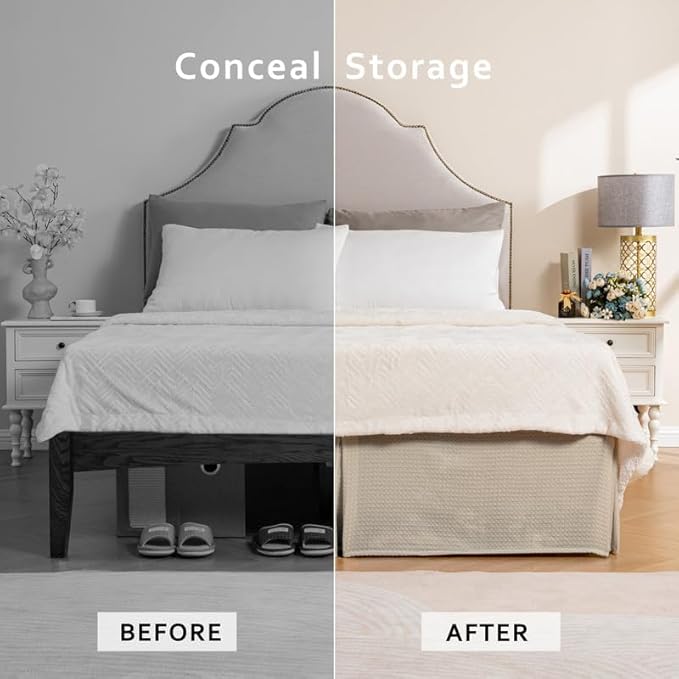 MIYE Pleated Waffle Weave Bed Skirt, Tailored Dust Ruffle 18 Inch Drop Easy Fit, Machine Washable,No Split Corners (Beige, Full - 18" Drop)