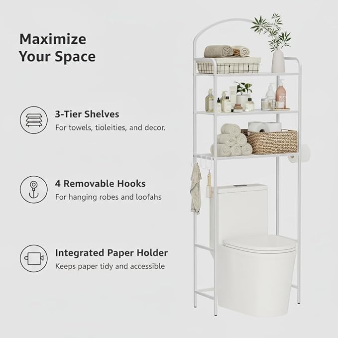 3-Tier Over The Toilet Storage, Bathroom Organizer, Space-Saving, Above Toilet Storage Rack with 4 Hooks and Paper Holder, Metal Shelf, White