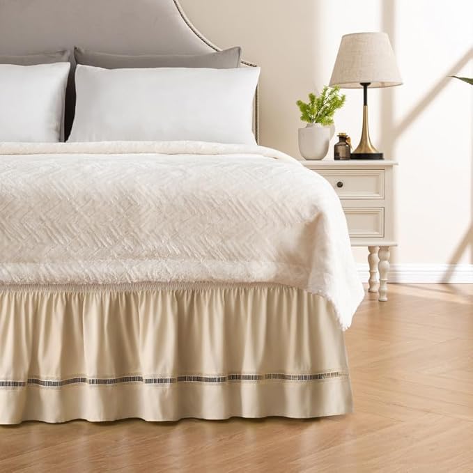 MIYE Wrap Around Ruffled Lace Bed Skirt, Elastic Dust Ruffle with Adjustable Belts, Easy to Put On, Bed Frame Cover, Machine Washable (Ruffled Lace/Beige, King/Queen-15 Drop)