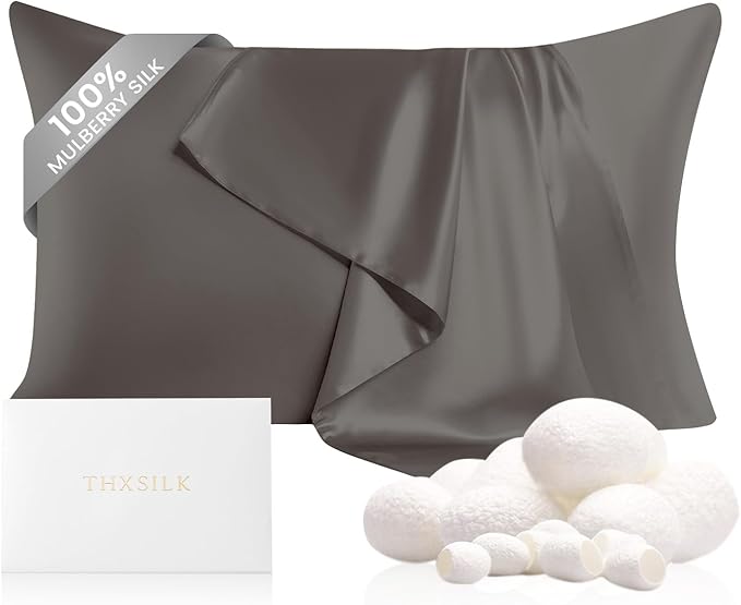 THXSILK 100% Mulberry Silk Pillow Case, Real Silk Pillowcase for Hair and Skin, 22 Momme Hypoallergenic Pillow Cover with Hidden Zipper, 1pc (Dark Gray, Standard 20"x26")