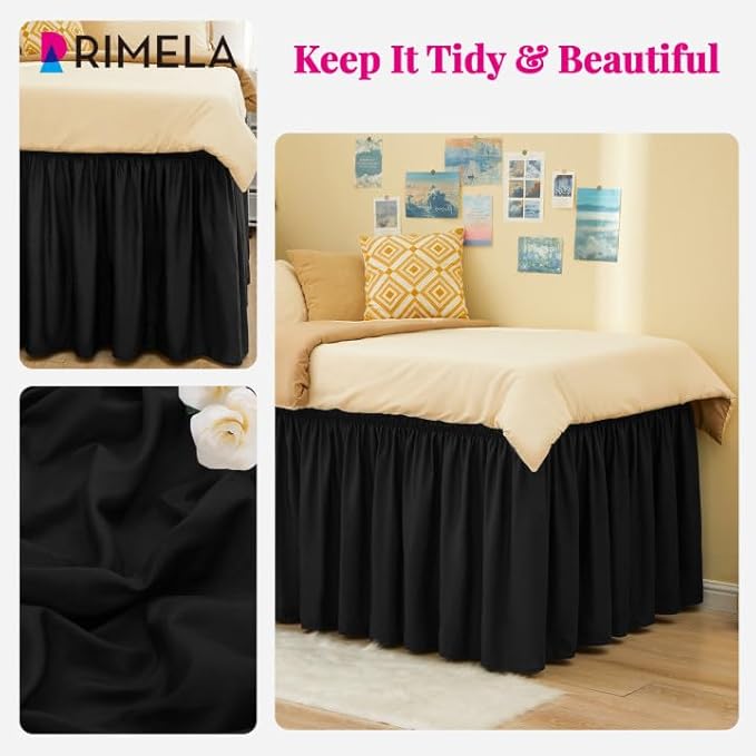 RIMELA Dorm Bed Skirt Twin XL 36 Inch Drop, Easy to Install Extra Long Wrap Around Elastic Dust Ruffle, Black Bedskirt Solid Silky Fabric Machine Washable (Twin XL 80“L x 39”W & Twin 75“L x 39”W)