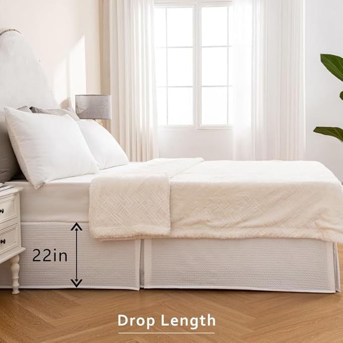 MIYE Pleated Waffle Weave Bed Skirt, Tailored Dust Ruffle 22 Inch Drop Easy Fit, Machine Washable (White, Twin - 22" Drop)