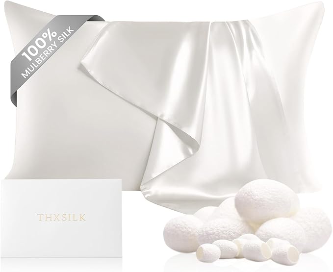 THXSILK 100% Pure Mulberry Silk Pillowcase for Hair and Skin, Highest 6A+ Grade 22 Momme Silk Pillow Case Standard Size, Real Silk Pillowcase with Zipper, Anti Aging Acne Free (White, Standard)