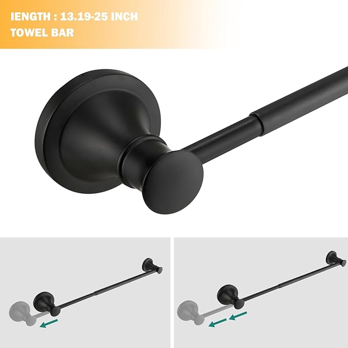 Hoimpro Matte Black 4-Piece Bathroom Bath Set, Wall Mount Bathroom Hardware Fixture (Adjustable Towel Bar Rack, Towel Ring Holder, Paper Towel Holder, Double Towel Hook), Bathroom Accessories