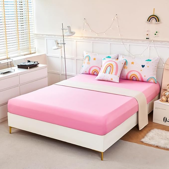 ANGIYUIN 6 Pieces Multi-Color Rainbow Queen Bedding Comforter Set for Girls Kids Cute Cloud and Love Hearts Girls Bedding Set Soft Microfiber Kid Bed in a Bag with Comforter, Sheets, Pillowcases