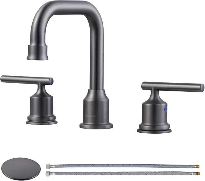 WOWOW Widespread Bathroom Faucet Brass Bathroom Sink Faucet Dark Grey Vanity Tap 3 Hole with Drain and Supply Lines, 2 Handle Basin Mixer Taps 3 Pieces