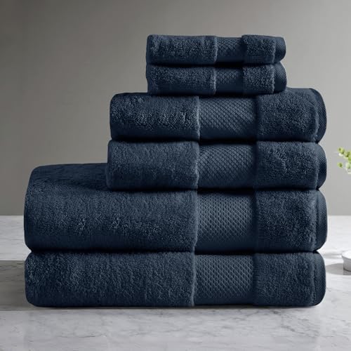 Madison Park Turkish 100% Cotton Towel Set, 600Gsm Luxury Premium Weight, Soft Absorbent Hotel Bathroom Shower Hand Face Washcloths, Assorted Sizes Navy 6 Piece