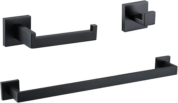 Ralbay 24" Matte Black Towel Bar 3-Pieces Set SUS 304 Stainless Steel Square Style Wall Mounted Towel Rack Set, Includes 24" Towel Single Bar, Toilet Paper Holder, Robe Towel Hook