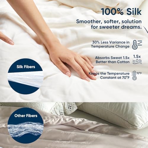 Vesta All-Season Silk Comforter, Quilt and Duvet Insert for Hot Sleepers, 100% Silk Fill with 100% Cotton Shell, Luxuriously Soft, Moisture-Wicking, King Size (White, Silk Weight: 3.7lbs)